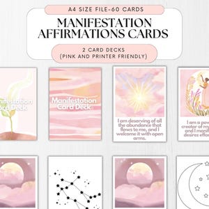 Baraja de cartas de afirmación de manifestación imprimible, cartas del oráculo de manifestación para la ley de atracción, baraja de cartas de afirmación positiva