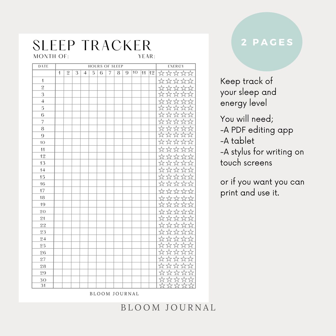 Digital Monthly Sleep Tracker Template Sleep Tracker Digital Etsy