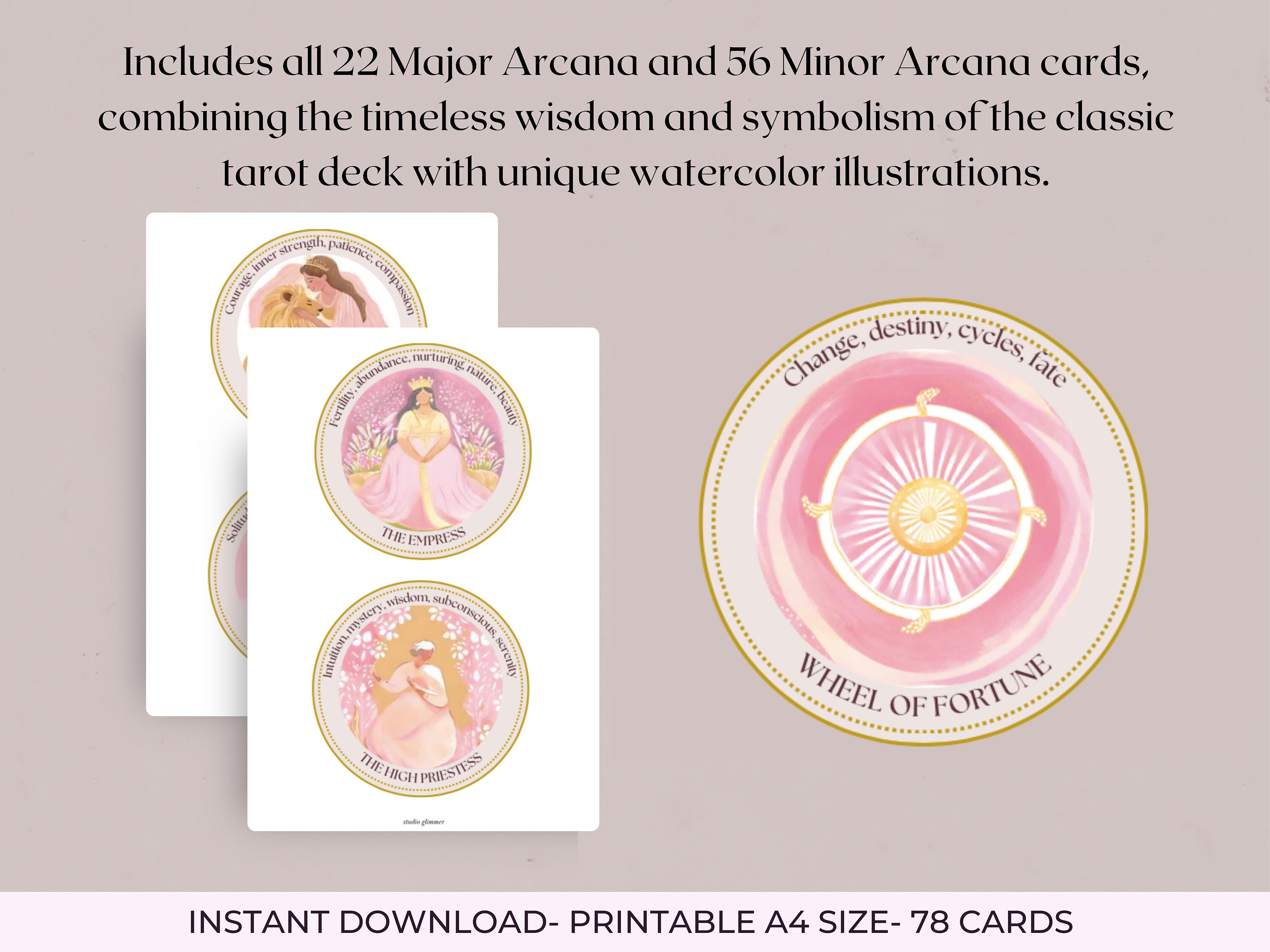 Beginner Printable Circle Tarot Deck, Tarot Oracle Cards With Keywords, Pink Feminine Tarot Card ...