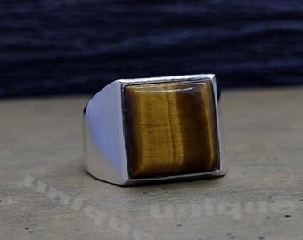 Handmade Brown Tiger's Eye Square Gemstone Men's Ring, 925 Sterling Silver Signet Wedding Ring