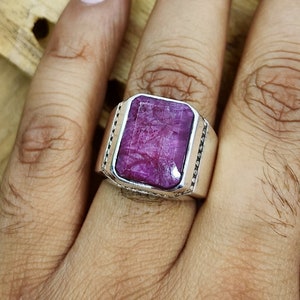 Anillo de sello rectangular de plata de ley con rubí y corindón para hombre, alianza de boda con piedra preciosa rosa.