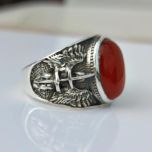 Archangel Saint Michael Ring, Sterling Silver Carnelian Gemstone Signet Men&#39;s Bold Ring-Faith In God