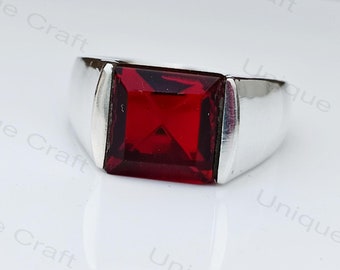 Natural Garnet Gemstone Men's Wedding Ring, 925 Sterling Silver Men Ring, Minimalist Jewelry, Gift for Him, January Birthstone.