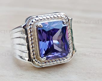 Men's Sterling Silver Ring with Purple Square Cut Amethyst CZ Stone, Handmade Statement Ring, Unique Gift for Him