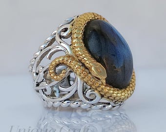 Sterling Silver Snake Ring, Oval Labradorite Gemstone, Statement Men's Ring, Mystical Jewelry