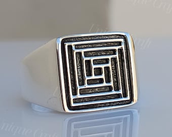 Geometrischer Herrenring, Silberring für Männer, Siegelring, Geschenk für Männer