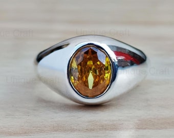 Yellow  Citrine Silver Signet Ring, Oval Gemstone Ring for Men & Women, Handcrafted Sterling Silver Unisex Statement Ring