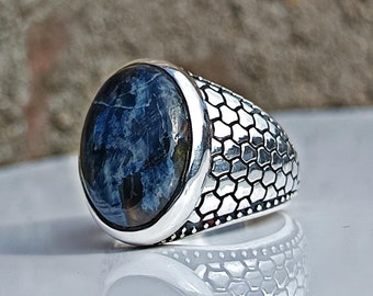 Blue Pieter site Oval Gemstone Men's Ring, Solid 925 Sterling Silver Ring, Handmade Jewelry