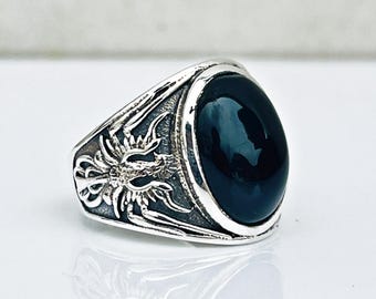 Winged phoenix signet men's ring, Oxidized silver black onyx signet ring, phoenix signet men ring, gift for husband