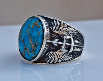 Sant Michael The Archangel Blue Copper Turquoise Gemstone Men's Ring, 925 Sterling Silver Ring.
