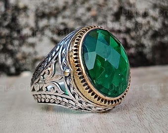 Men's Sterling Silver Emerald Cut Ring, Oval Green Zircon Gemstone, Anniversary Signet