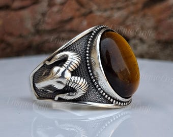 Tiger's Eye Aries Ram Head Ring, 925 Silver Ring, Tiger's Eye Oval Gemstone Men's Ring, Ram Head Silver Ring, Wedding Gift, Signet Men Ring