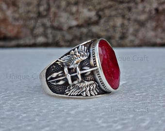 The commander of the army of God St Michael the archangel signet ring with Ruby gemstone, 925 sterling silver Men ring, Christian ring