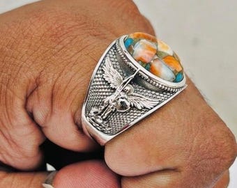 Sant Michael The Archangel Oyster Copper Turquoise Gemstone Men's Ring, 925 Sterling Silver Men Ring