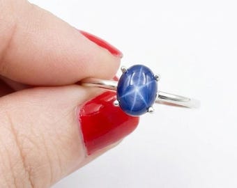 Dainty Blue Star Sapphire Gemstone Ring In sterling Silver, Minimalist Promise Ring for her.