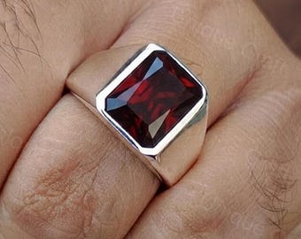 Garnet Gemstone Men's Wedding Ring, 925 Sterling Silver Ring, Handmade Jewelry, January Birthstone