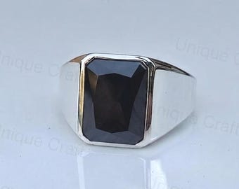 Black Onyx Gemstone Men's Wedding Ring, 925 Sterling Silver Ring, Handmade Jewelry
