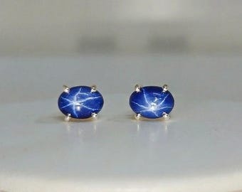 Oval Blue Star Sapphire Stud Earring, Dainty 925 Sterling Silver Boho Handmade jewelry