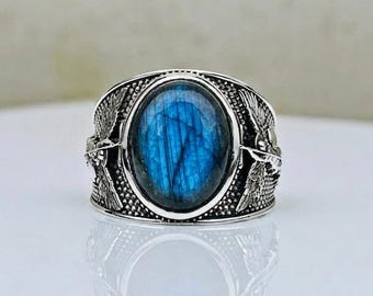 Men's Labradorite Ring, Oxidized Sterling Silver, Archangel St Michael Warrior Statement Ring