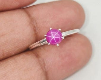 Pink Star Ruby Ring, 6-Ray Asterism Gemstone, Sterling Silver, Minimalist Promise Ring