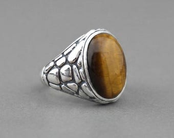 Vintage Tiger's Eye Men's Signet Ring, 925 Sterling Silver Ring, Oxidized Jewelry, Brown Gemstone.