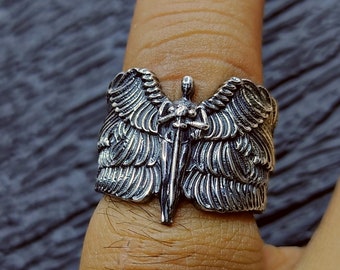 Sterling Silver Angel Wing Ring-Gothic Sword Jewelry-Spiritual Protector-Unisex Ring, Faith in god