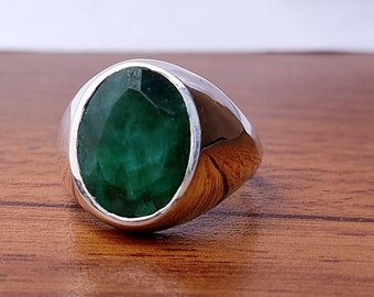 Handmade Sterling Silver Oval Emerald Corundum Ring, Signet Men's Jewelry, Anniversary Gift