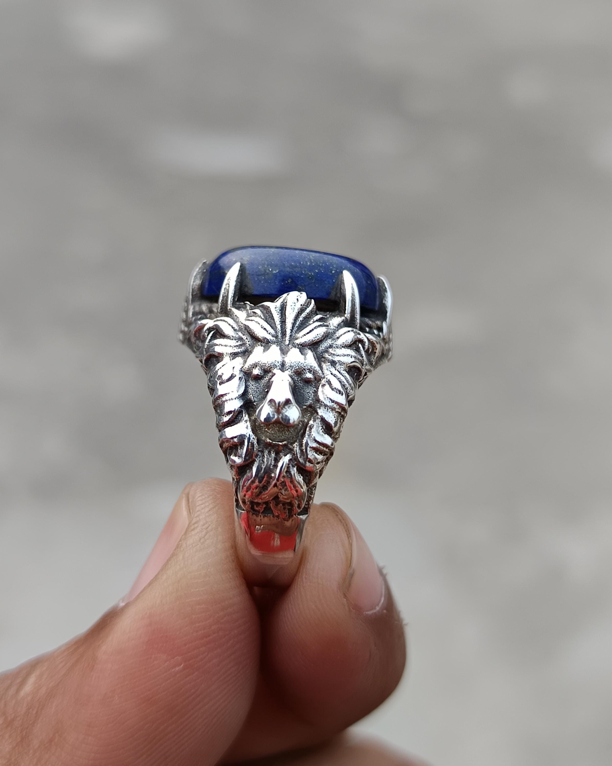 Oxidized Sterling Silver Lion Men's Ring: Lapis Lazuli Gemstone, Gothic Jewelry, Unique Ring, Gift