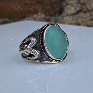 Aries Ram Head Signet Ring, Blue Chalcedony Gemstone in 925 Sterling Silver, Animal Jewelry
