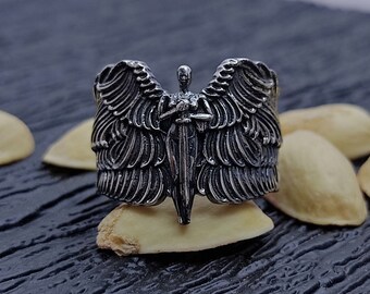 Sterling Silver Angel Wing Ring-Gothic Sword Jewelry-Spiritual Protector-Unisex Ring, Faith in god