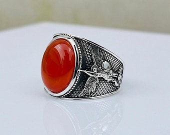 Men's Archangel St Michael Carnelian Ring, Oxidized Sterling Silver Statement Ring
