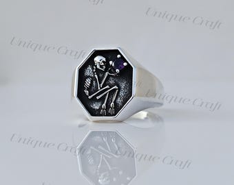 Oxidized Sterling Silver Skeleton Ring: Gothic Skull & Amethyst Gemstone Signet Men&#39;s Ring, Gift