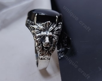 Oxidized Sterling Silver Lion Ring: Black Onyx Gothic Jewelry, Animal Ring, Gift For Father.