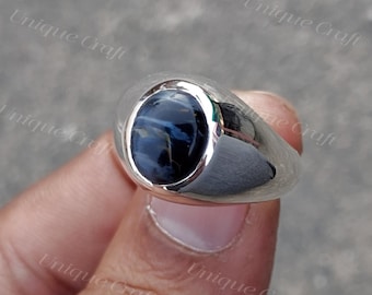 925 Sterling Silver Natural Blue Pieter site fine Gemstone  Ring, Anniversary Ring, Oval Pieter site Ring, Gift Idea Vintage Unisex Ring