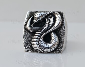Sterling Silver Cobra Ring, Oxidized Gothic Snake Jewelry, Men's Statement Ring