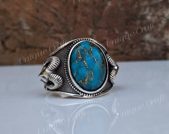 Aries Ram Head Ring, Handmade 925 Silver Blue Copper Turquoise Gemstone, Animal Jewelry