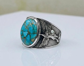 Men's Oxidized Sterling Silver Turquoise Ring, Archangel St Michael Warrior Oval Statement (12x16mm)