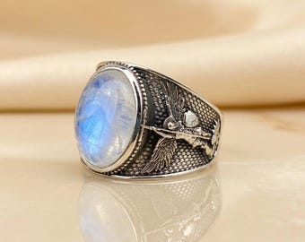 Men's Oxidized Sterling Silver Archangel Ring, Oval Rainbow Moonstone Warrior Protection (12x16mm)
