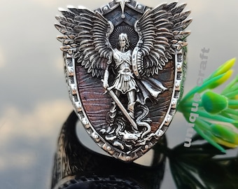 Saint Michael Archangel Sterling Silver Wings Ring – Oxidized Biker Faith Jewelry