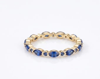 Sterling Silver Marquise Sapphire Eternity Band Ring, Gold Plated Stacking Ring
