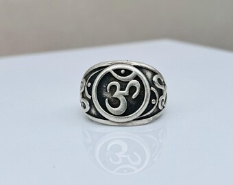 Sterling Silver Om Ring, Large Boho Yoga Meditation Jewelry, Oxidized Finish