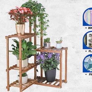 Premium 6-Tier Wooden Corner Plant Stand - Indoor & Outdoor Plant Display Rack | Wood Flower Plant Rack Holder | Flower Display Shelves