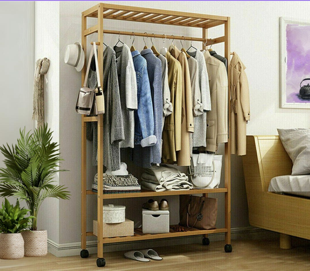 Bamboo Clothes Rack Garment Closet Storage Organizer Hanging Rail Shelf  Dress room - Amazingooh Wholesale