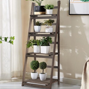 4-Tier Foldable Plant Stand - Rustic Wood Flower Display Rack for Indoor & Outdoor Use, Easy Assembly