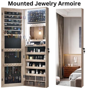Mountable Jewelry Armoire with Full-Length Mirror and Storage Shelves - Spacious and Elegant Organizer - Vintage Style