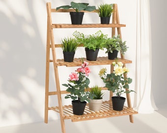 Natural Bamboo 3-Tier Foldable Plant Stand: Indoor/Outdoor Flower Display Rack - Easy Assembly Plant Display