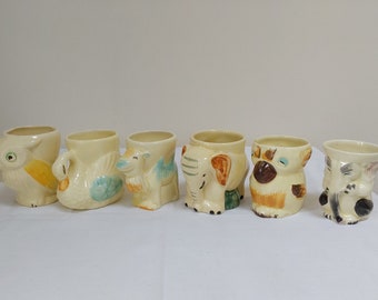 6 vintage animal egg cups, mid-century hand-painted egg cups, owl, elephant, swan and camel, Easter egg cups