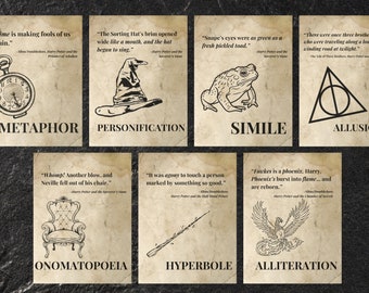 May include: A set of 8 printable posters featuring different literary devices, each with a quote from the Harry Potter series. The posters are in black and white and have a vintage look. The literary devices include metaphor, personification, simile, allusion, onomatopoeia, hyperbole, and alliteration.