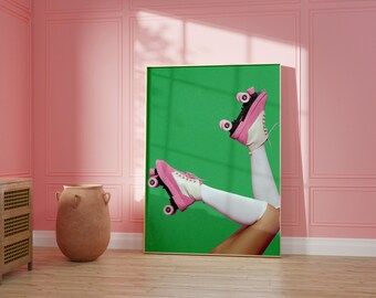 Roller Skates Print 70s Poster Extra Large Wall Art Girly Prints Sage Green Wall Art Digital Download