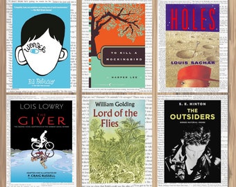 May include: A collage of six book covers featuring popular young adult novels. The covers are colorful and feature illustrations of characters and scenes from the books. The titles of the books are "Wonder", "To Kill a Mockingbird", "Holes", "The Giver", "Lord of the Flies", and "The Outsiders".